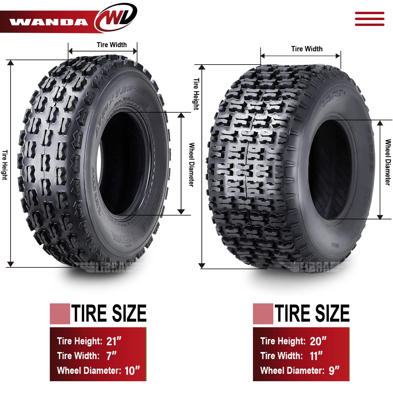 Amazon.com: WANDA Full Set Sport ATV Tires 21x7-10 21x7x10 & 20x11